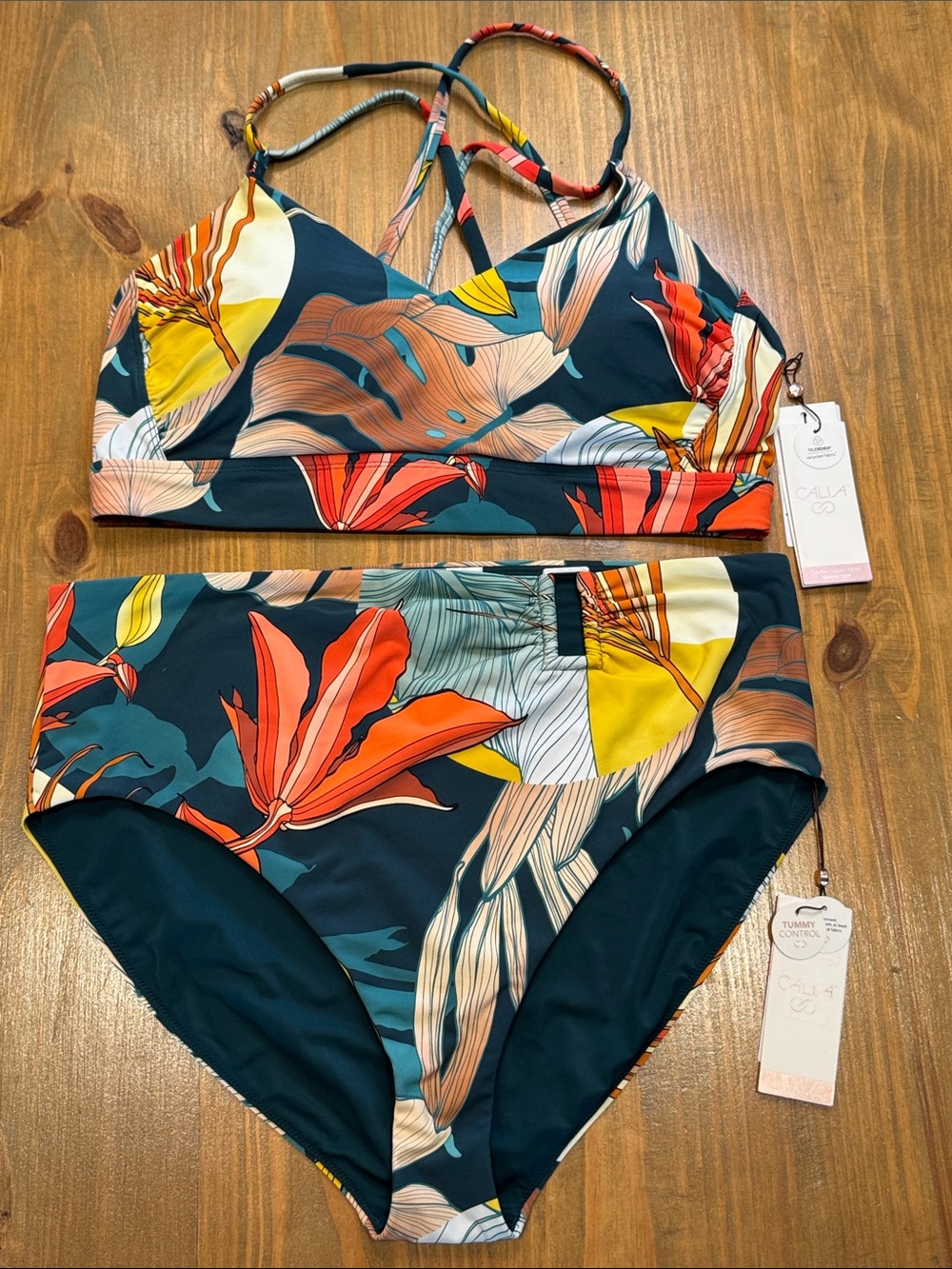 CALIA swim bikini set - Sea Green Botanical Print Strappy top & Rectangle bottom
